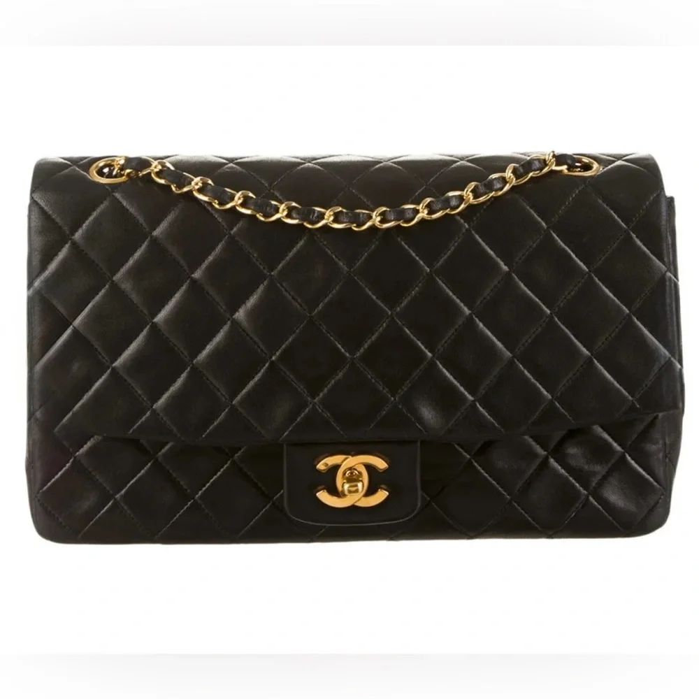 CHANEL Vintage CC Single Flap Bag Lambskin 24K Gold Black Karl Lagerfeld